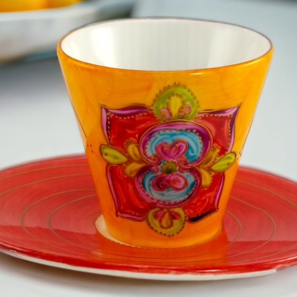 Artistic Porcelain Coffee Mug & Saucer Set, Whimsical Orange-Red Mug-Rhinestones - Picture 5 of 14